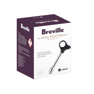 Emballage du nettoyeur de buse de vapeur Breville, violet avec 10 sachets de poudre, instructions de nettoyage visibles.