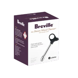 Emballage du nettoyeur de buse de vapeur Breville, violet avec 10 sachets de poudre, instructions de nettoyage visibles.