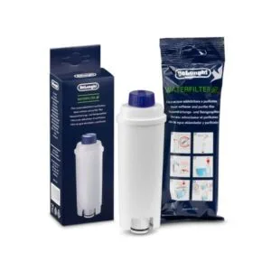 Filtre à eau De'Longhi en plastique blanc avec capuchon bleu et boîte de packaging illustrée.