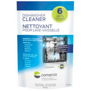 Nettoyant pour lave-vaisselle Comerco, élimine calcaire, graisse, résidus et odeurs.