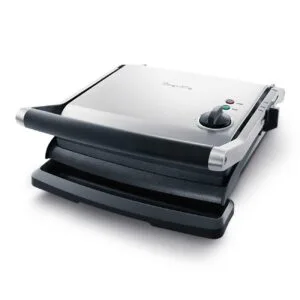 Grill Panini en acier inoxydable avec boutons de contrôle en plastique noir, design compact et moderne.