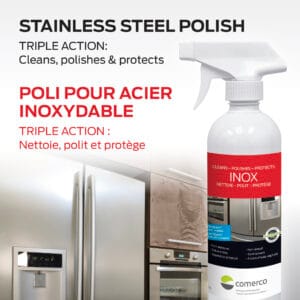 Produit poli pour acier inoxydable Comerco, nettoie, polit et protège.